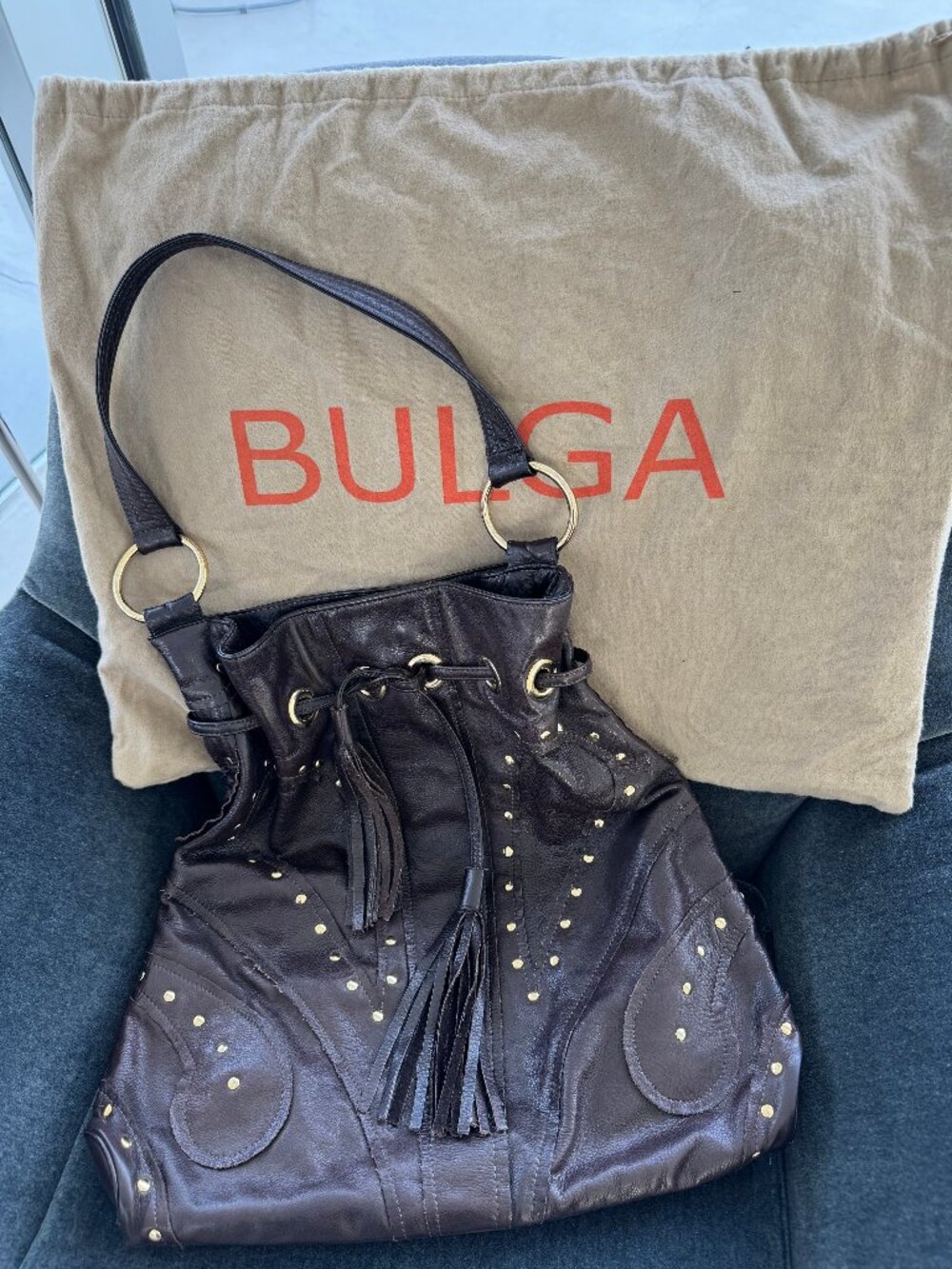 BULGA chocolate brown leather boho Bag with Gold Eyelets